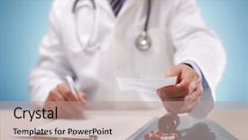  Presentation with doctor and patient medical consultation - Audience pleasing presentation design consisting of medication rx - doctor writing and holding backdrop and a coral colored foreground