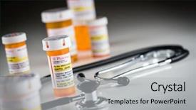  Presentation with stethoscope medication - Audience pleasing PPT theme consisting of medication rx - several non-proprietary medicine prescription bottles backdrop and a light gray colored foreground