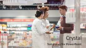  Presentation with pharmaceutical - PPT theme featuring medication rx - young man asking for advice background and a mint green colored foreground