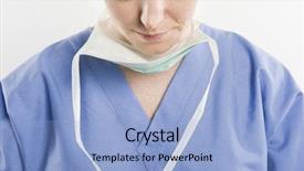  Presentation with mature female surgeon - Colorful presentation theme enhanced with medication safety - female surgeon wearing scrub isolated backdrop and a light blue colored foreground