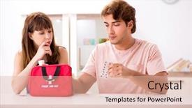  Presentation with first aid kit - Slide set having medication safety - young family getting treatment background and a  colored foreground
