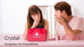  Presentation with first aid kit - Presentation design enhanced with medication safety - young family getting treatment background and a coral colored foreground