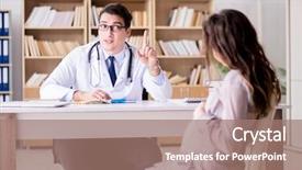  Presentation with doctor visiting family - Amazing PPT theme having medication solutions - pregnant woman visiting doctor backdrop and a  colored foreground