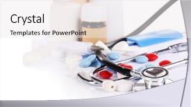  Presentation with bottles - PPT theme consisting of medicina preventiva - stethoscope pills bottles isolated background and a  colored foreground