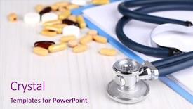  Presentation with modern medicine cardiology concept mixed - PPT theme consisting of medicina preventiva - stethoscope pills bottles on wooden background and a  colored foreground