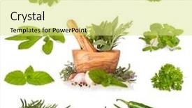  Presentation with mortar - Presentation design with medicinal grinder - various kind of fresh herbs background and a yellow colored foreground