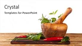 Presentation with mortar - Beautiful PPT theme featuring medicinal grinder - wooden mortar filled with fresh backdrop and a white colored foreground