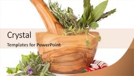  Presentation with rustic herbs on wood - Amazing presentation design having medicinal grinder - wooden mortar filled with fresh backdrop and a yellow colored foreground