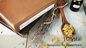  Presentation with herbs - Theme with medicinal plants book with dried background and a coral colored foreground