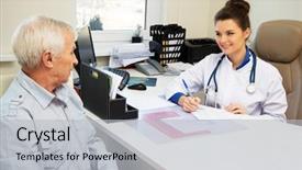  Presentation with elderly - Slide deck featuring elderly medicine - senior man at doctors's office background and a light gray colored foreground