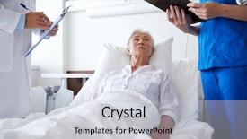  Presentation with patient care - Slide deck with medicine age health care and people concept - doctor and nurse with clipboards visiting senior patient woman at hospital ward background and a light gray colored foreground