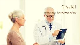  Presentation with senior care - PPT layouts consisting of medicine age health care and people concept - senior woman and doctor with tablet pc computer meeting in medical office background and a cream colored foreground