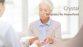  Presentation with senior care - PPT layouts enhanced with medicine age health care and people concept - doctor giving prescription and pills to senior woman at hospital background and a cream colored foreground