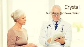  Presentation with senior care - Colorful presentation theme enhanced with medicine age health care and people concept - senior woman and doctor with tablet pc computer meeting in medical office backdrop and a white colored foreground