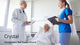  Presentation with nurse care - Colorful PPT theme enhanced with medicine age health care and people concept - doctor and nurse with clipboards visiting senior patient woman at hospital ward backdrop and a lemonade colored foreground