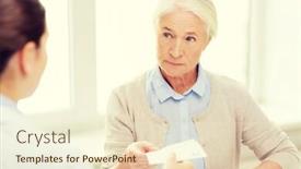  Presentation with senior care - Colorful PPT theme enhanced with medicine age health care and people concept - doctor giving prescription to senior woman at hospital backdrop and a cream colored foreground