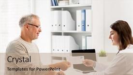  Presentation with senior care - Theme with medicine age health care and people concept - senior man and doctor with prescription meeting in medical office at hospital background and a coral colored foreground