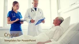  Presentation with nurse care - Presentation featuring medicine age health care and people concept - doctor and nurse with clipboards visiting senior patient woman at hospital ward background and a soft green colored foreground