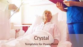 Presentation with nurse care - PPT theme with medicine age health care and people concept - doctor and nurse with clipboards visiting senior patient woman at hospital ward background and a lemonade colored foreground