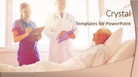  Presentation with nurse care - Audience pleasing slide set consisting of medicine age health care and people concept - doctor and nurse with clipboards visiting senior patient woman at hospital ward backdrop and a cream colored foreground