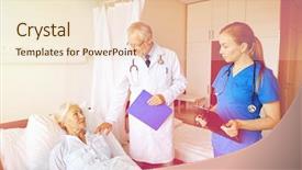  Presentation with nurse care - Slide deck having medicine age health care and people concept - doctor and nurse with clipboards visiting senior patient woman at hospital ward background and a lemonade colored foreground