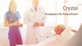  Presentation with nurse care - Presentation design with medicine age health care and people concept - doctor and nurse with clipboards visiting senior patient woman at hospital ward background and a cream colored foreground