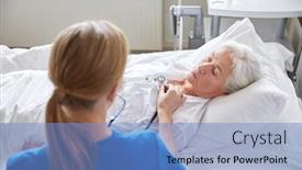  Presentation with heartbeat - Colorful PPT theme enhanced with medicine age support health care and people concept - doctor or nurse with stethoscope visiting senior woman and checking her breath or heartbeat at hospital ward backdrop and a teal colored foreground