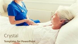  Presentation with nurse care - Theme consisting of medicine age support health care and people concept - doctor or nurse visiting and cheering senior woman lying in bed at hospital ward background and a lemonade colored foreground