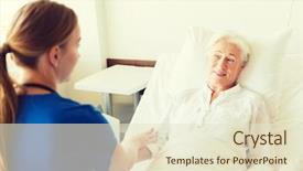  Presentation with nurse care - Amazing presentation design having medicine age support health care and people concept - doctor or nurse visiting and cheering senior woman lying in bed at hospital ward backdrop and a lemonade colored foreground