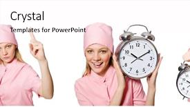  Presentation with doctor helps to get out of bed an elderly woman - PPT theme having medicine alarm - woman doctor missing her deadlines background and a sky blue colored foreground