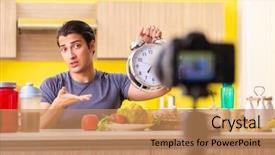  Presentation with food supplements - Cool new presentation with medicine alarm - young man blogging about food backdrop and a coral colored foreground