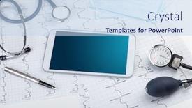  Presentation with diagnostics - Amazing presentation theme having medicine and modern technology concept with diagnostics concept with free space on tablet screen backdrop and a sky blue colored foreground