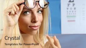  Presentation with vision lens - Audience pleasing theme consisting of medicine and vision concept - young woman with contact lens close up backdrop and a coral colored foreground