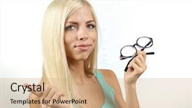  Presentation with vision lens - Cool new slide set with medicine and vision concept - young woman with contact lens close up backdrop and a coral colored foreground