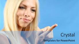 Presentation with vision lens - Colorful presentation design enhanced with medicine and vision concept - young woman with contact lens close up backdrop and a light blue colored foreground