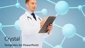 Presentation with molecular medicine - Amazing presentation having medicine biology chemistry and people concept - smiling male doctor with clipboard and stethoscope writing prescription over molecular background backdrop and a light blue colored foreground