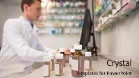  Presentation with hospital pharmacy - Slides enhanced with medicine bottle - pharmacist using computer at desk background and a coral colored foreground