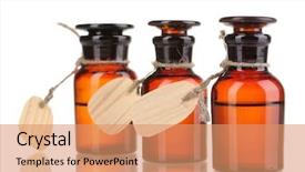  Presentation with labels - Colorful slide set enhanced with medicine bottles with blank labels backdrop and a coral colored foreground