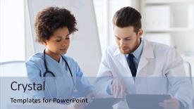  Presentation with two people talking - Theme enhanced with medicine concept - two doctors background and a light blue colored foreground