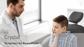  Presentation with healthcare - Amazing PPT theme having medicine dentistry and healthcare concept - male dentist with kid patient suffering from toothache at dental clinic adjusting chair backdrop and a light gray colored foreground