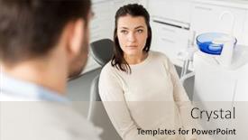  Presentation with dental office - Beautiful PPT theme featuring medicine dentistry and healthcare concept - female patient talking to dentist at dental clinic office backdrop and a soft green colored foreground