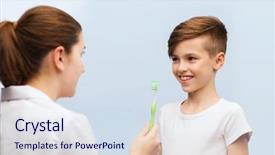  Presentation with hygiene - Slide deck having medicine health care dentistry hygiene and people concept - doctor or dentist with toothbrush and happy boy in clinic background and a sky blue colored foreground