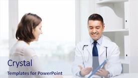  Presentation with health technology - Slide set with medicine health care technology and people concept - smiling doctor and woman with tablet pc computer meeting at clinic background and a sky blue colored foreground