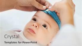  Presentation with pediatrics - Slide set featuring medicine healthcare and pediatrics concept - female pediatrician doctor with measure tape measuring baby girl patient's head at clinic or hospital background and a lemonade colored foreground