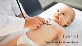  Presentation with breath - Presentation design consisting of medicine healthcare and pediatrics concept - close up of female doctor with stethoscope listening to baby girl's patient heartbeat or breath at clinic or hospital background and a coral colored foreground
