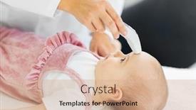  Presentation with digital hospital - Audience pleasing slide set consisting of medicine healthcare and pediatrics concept - female pediatrician doctor with digital infrared thermometer measuring baby girl patient's forehead temperature at clinic or hospital backdrop and a coral colored foreground
