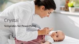  Presentation with pediatrics doctor - Presentation design featuring medicine healthcare and pediatrics concept - female pediatrician doctor with baby girl patient at clinic or hospital background and a light gray colored foreground