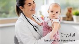  Presentation with pediatrics - Slide set enhanced with medicine healthcare and pediatrics concept - smiling female pediatrician doctor or nurse holding baby girl patient at clinic or hospital background and a lemonade colored foreground