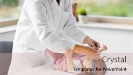  Presentation with pediatrics - Presentation design with medicine healthcare and pediatrics concept - female pediatrician doctor with measure tape measuring baby girl patient's head at clinic or hospital background and a soft green colored foreground