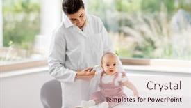  Presentation with pediatrics - Amazing presentation design having medicine healthcare and pediatrics concept - female pediatrician doctor with digital infrared thermometer measuring baby girl patient's ear temperature at clinic or hospital backdrop and a lemonade colored foreground